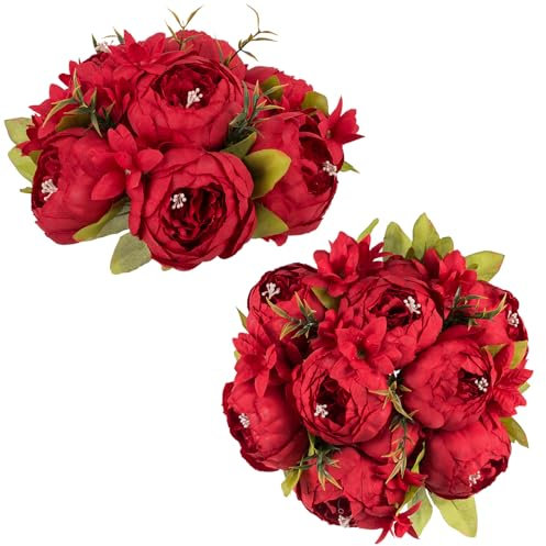 NUPTIO Pfingstrose Künstliche Blume Für Tafelaufsätze: 2 Stück 24cm Durchmesser Rot Faux Blumen Gefälschte Ball Anordnung Seide Brautstrauß Hochzeit Mittelstücke für Tisch Wohnkultur