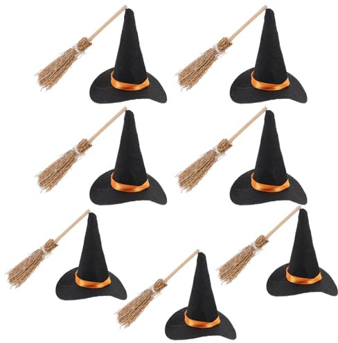 CAXUSD 7 Satz Halloween Filz Hexenhut Set Kleine Hüte Für Kuchendekor Kleiner Hexenhutbesen Kleiner Hut Hexenbesen Kleine Hexenhüte Hexenhut- Puppenhaushüte Hexen Hut Mini Hölzern