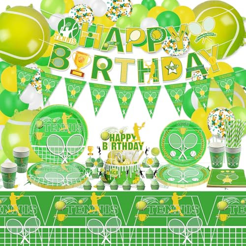 Tennis Birthday Party Decorations, Includes Flag, Birthday Banner, Tablecloth, Paper Plates, Napkins, Paper Cups, Cupcake Toppers, Balloons for Men Women Kids Birthday Party Supplies, Serve 20 Guests