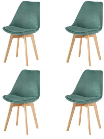 EGGREE 4er Set Samt Esszimmerstühle mit Massivholz Buche Bein SGS Geprüfter, Retro Design Gepolsterter lStuhl Küchenstuhl Holz, Grasgrün
