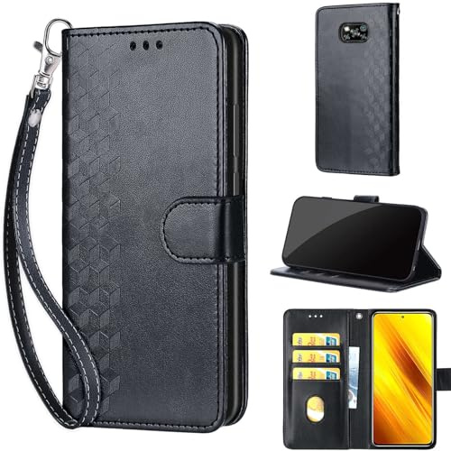 Handyhülle für Xiaomi Poco X3 NFC / X3 / X3 Pro Hülle, Würfel Schwarz | Stoßfeste Flip Schutzhülle, Kartenfächer, Standfunktion,Magnetisch, Kunstleder, Klappbar Brieftasche