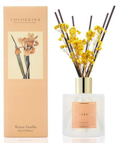 COCORRÍNA Raumduft Reed Diffuser mit 8 Duftstäbchen 200ml- Warme Vanille, Natürlich, Langanhaltend, Home Duft ätherisches Öl Reed Diffusor für Badezimmer Regal Dekoration
