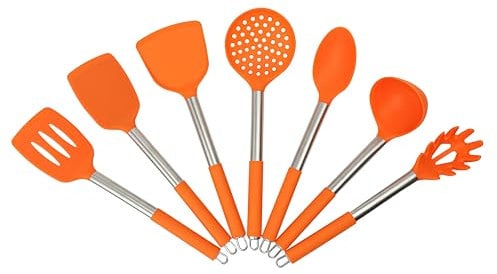 7PCS Cooking Utensil Set, Stainless Steel Handles, Silicone Non-Toxic BPA-Free, Kitchen Spatulas, Kitchen Tools Gift Set for Nonstick Cookware Food-Grade Heads - Silicone Gadgets (Orange)
