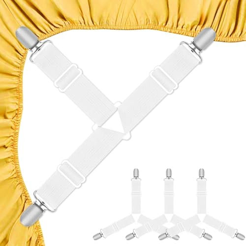 Quelcc Tendeur Drap Housse, Set de 4 Pièces Blanches Aattache Drap Housse, Élastiques Ajustables Sangle Drap Housse avec Pinces Métalliques pour Draps de lit, Housses de Matelas, Coussins de Canapé