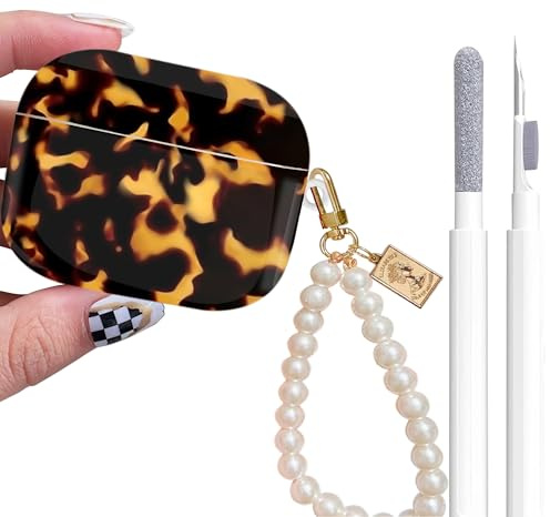 Airpods Pro 2nd/1st Generation Case with Cleaner Pen, Shell Pattern Airpods iPod Pro 2 Gen Cover Protective Skin Girl Women with Luxury Pearl Keychain 2023/2022/2019 - Tortoiseshell