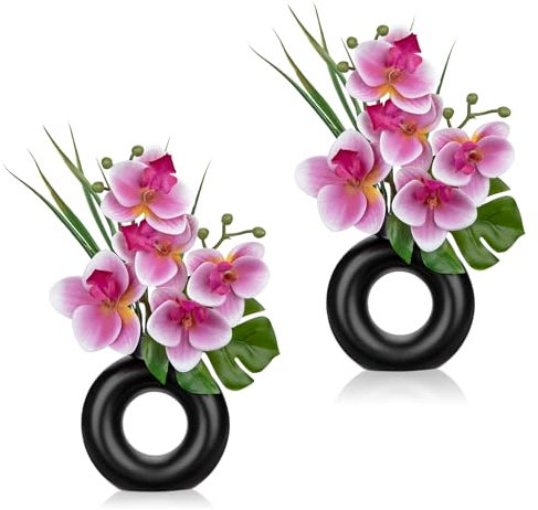 2er-Set Mini Kunstpflanze Orchideen Kunstblumen mit Keramik Donut Vase Künstliche Deko Blumen Kunstblumen Wie Echt Mit Real-Touch Blüten im Keramiktopf Tischdeko Fensterbank Deko, Rosa