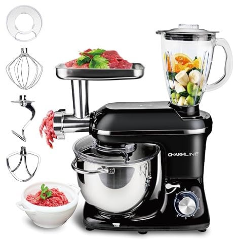 CHARMLINE 3 in 1 Küchenmaschine mit 7L Edelstahl-Rührschüssel | Teigmaschine mit Rührhaken, Knethaken und Schneebesen | Food Processor mit Fleischwolf und 1.5L Saftpresse | Schwarz