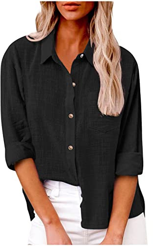 Ladies Blouses Size 12 Women's Polos Women's Blouses Long Sleeve with Single Cuff Cotton Polo Shirts for Women UK Tunic Tops for Women Sexy Tops for Women UK Ladies Linen Black L