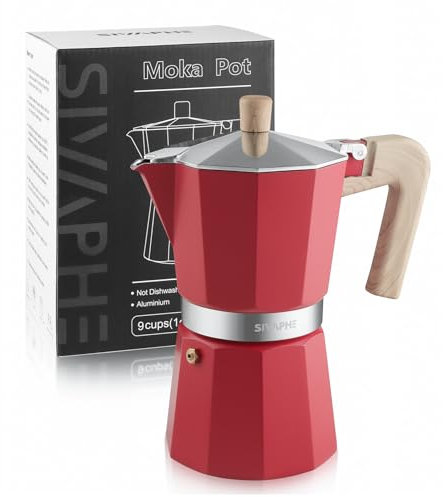 Sivaphe Stovetop Coffee Maker 450ml/9 Cups, Aluminium Moka Pot Italian Espresso Maker with Heat-Resistant Handle, Red
