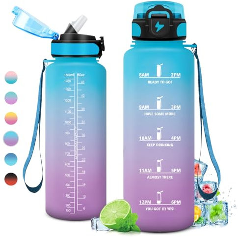 Gourde 1.5L Sport, Grande Gourde Gym, Étanche et Réutilisable, Bouteille d'eau avec Marqueur de Temps et Paille, Gourde sans BPA, pour Adulte, l'école, Voyage, Camping, Randonnée, Cyclisme, Bureau