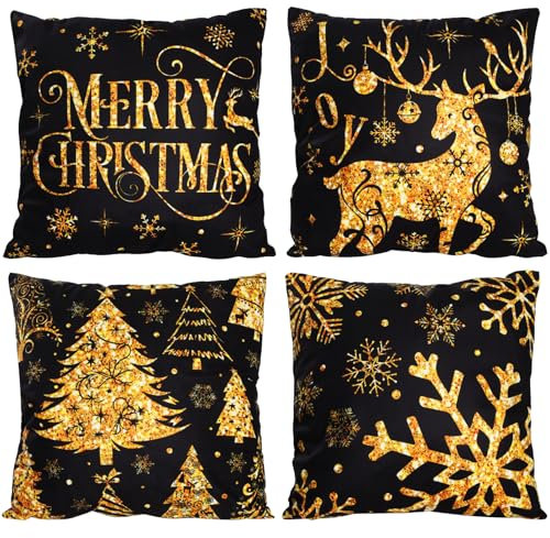Hianjoo 4 Stück Weihnachten Kissenbezug, Soft Weihnachten Zierkissenbezüge 45x45cm, Sofa Kissen Weihnachten Deko, Weihnachten Kissenbezüge Couch Deko (Schwarz+Gold)