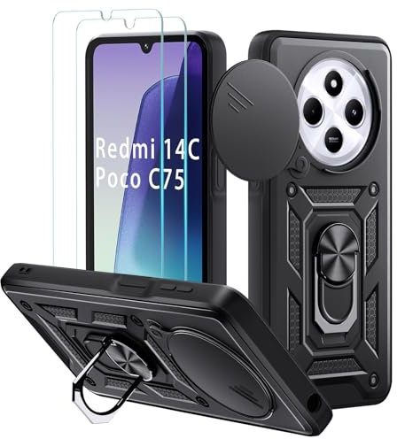 Yohii Funda para Xiaomi Redmi 14C 4G/5G/Redmi A4/Poco c75, con 2 Piezas Vidrio Templado, Armor Carcasa Cubierta Cámara Deslizante, 360 Anillo Soporte PC Silicona TPU Bumper Antigolpes Case, Negro