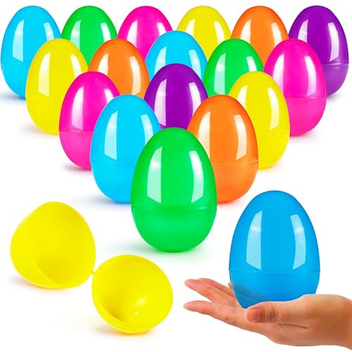 JOYIN 3,15 Oeufs de Pâques, grands œufs en plastique remplissables, coquilles d'œufs vides colorées et lumineuses avec charnière pour la chasse de Pâques, remplissage de friandises 18 pièces