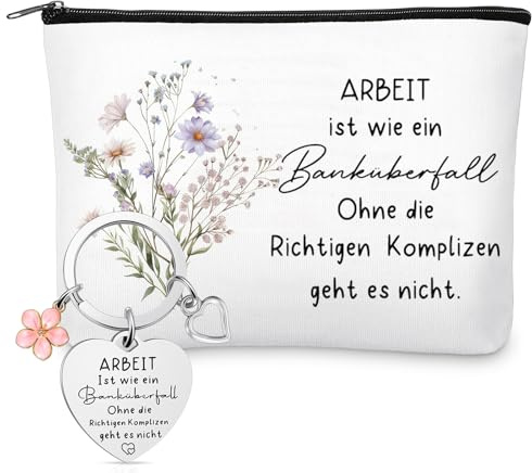 Xuniea Kollegin Abschiedsgeschenk Set Arbeit Ist Wie Ein Banküberfall | Schlüsselanhänger, Kosmetiktasche, Danke Geschenk für Arbeitskollegen Mitarbeiter, Weihnachten Jobwechsel Ruhestand Geschenk