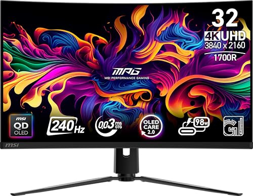 MSI MPG 321CURX QD-OLED 32 Zoll 3840 x 2160 (UHD) Computermonitor, 240Hz, Adaptive-Synch, HDMI, DP-Port, VESA-montierbar, neigbar, Lautsprecher, 0,03 ms, schwarz