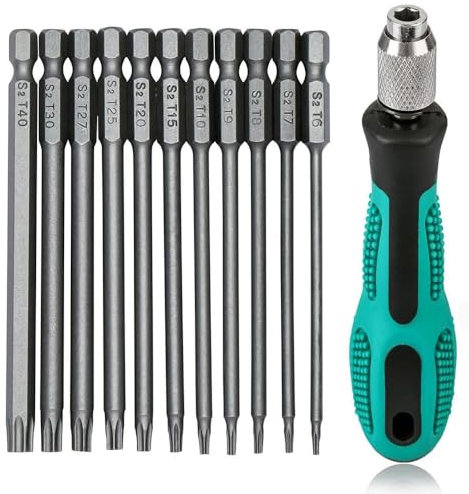 Fongmore Set di 12 cacciaviti Torx da 75 mm con codolo esagonale da 1/4 di pollice T6 T7 T8 T9 T10 T15 T20 T25 T27 T30 T40 con impugnatura antiscivolo per cacciavite