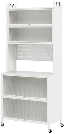 GOPLUS Küchenschrank mit 5/6 Ebenen, Buffetschrank mit Arbeitsplatte & Schränken, Vorratsschrank mit Klapptüren, Haken, Küchenbuffet mit Rollen, Mikrowellenschrank (Weiß,80 x 40 x 178 cm)