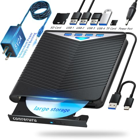conreruru External Drive Support Blu-Ray Drive, Dvd/Cd/Read/Write, Usb 3.0 E/Type C, Blu-Ray/Dvd/Cd, Bd Windows 7-11 And Mac, Compatible with Pc, M-Disc (Black)