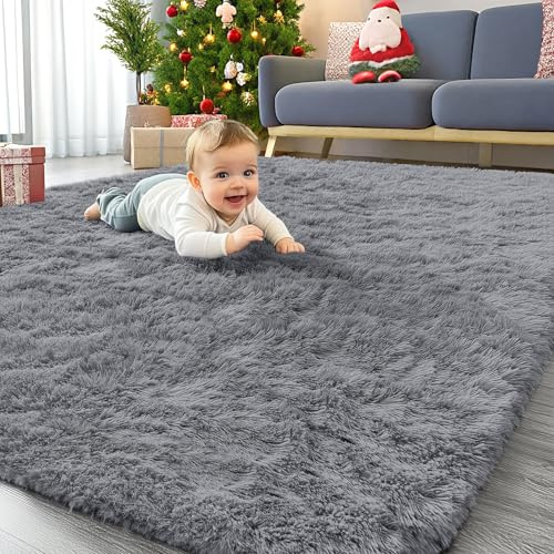 Homaxy Fluffy Shaggy Rugs Living Room, Large Anti Slip Carpet, Machine Washable Soft Thick Pile Bedside Rug for Kids Bedroom, Nursery - Grey, 120 x 160 cm