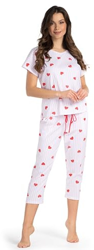Mademoiselle Sommeil Damen Schlafanzug – 100% Baumwolle – Herzmuster auf Rosé-Weiß – Kurzarm & Capri-Hose – Hautfreundlich & Bequem