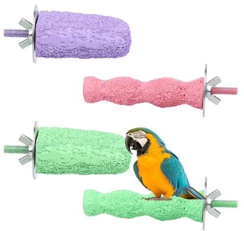 lasuroa 4 Piedras de Afilar Picos Pájaro, Soporte Antideslizante para Percha Loro Recortador de Garras para Loros Periquitos Cacatúas Cotorras Agapornis Accesorios Jaulas (3 Colores)