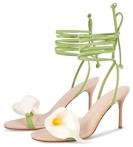 blingqueen Tie Up Strappy Heels with Flowers Orchid Heels for Women Floral Open Toe Low Kitten Heeled Sandals Gladiator Orchid Green Ankle Strap Slides Wedding Shoes Pole Dance Size 8