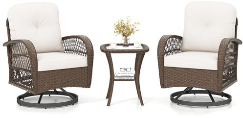COSTWAY 3 Pieces Patio Rattan Bistro Set, 360° Swivel Outdoor Rocking Chairs and Table Set with Cushions and Pillows, Garden Furniture Set Wicker Conversation Sofa Table (White)