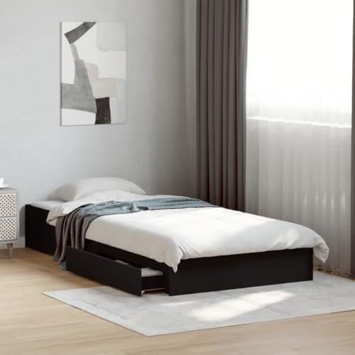 Teenpull Bettgestell mit Schubladen Schwarz 90x190 cm, Holzwerkstoff Bettrahmen mit 4 Bettschubladen, Modernes Schlafzimmer Möbelset für Matratzen Unterstützung