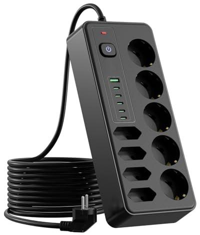 9 Fach Steckdosenleiste mit USB-C,Mehrfachsteckdose mit Überspannungsschutz | 1 USB und 5 USB-C Anschlüsse mit Schnellladung,3M Verlängerungskabel für Büro,Schreibtisch,Gaming,Zuhause mit Kindersicherung