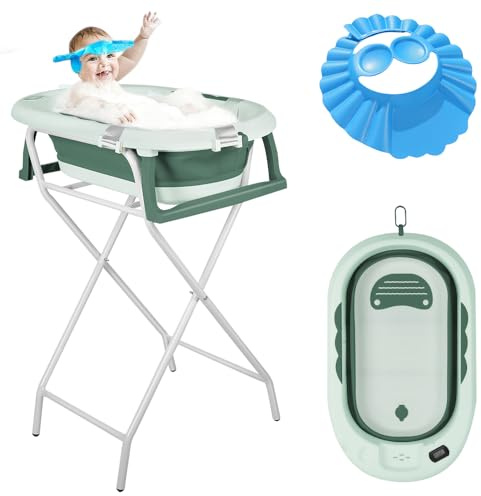 MUL-BOUTIQU Baignoire Bébé Pliable XXL avec Support, Thermomètre et Coussin - Baignoire Bebe Sur Pied - Idéal Pour Cadeau De Naissance Fille Ou Garçon (vert)
