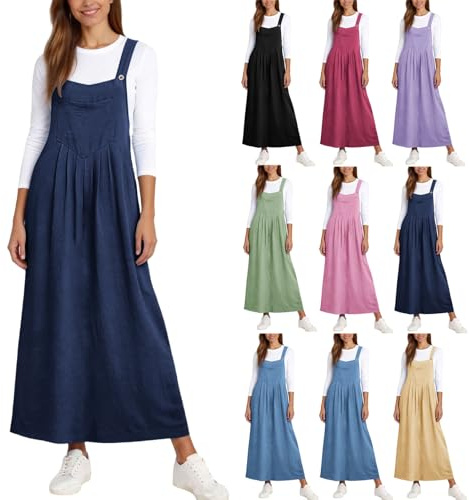Zeiayuas Women's Pinafore Vintage Classic Suspender Maxi Skirts Adjustable Strap A Line Pleated Long Overall Dungarees Dress with Pockets Ladies Baggy Jumpsuits Navy
