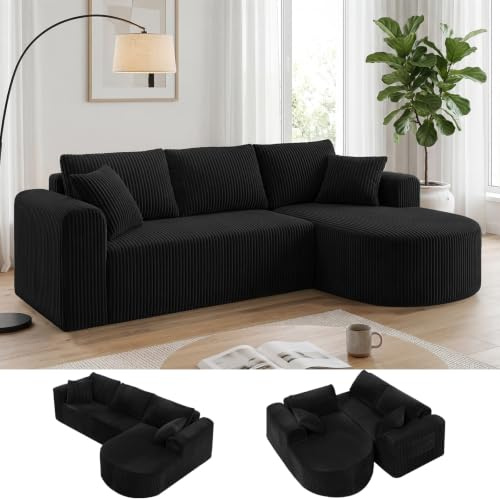 COMHOMA Ecksofa mit Schlaffunktion, 263cm Corduroy Modulares Boneless Couch mit Chaiselongue, L-Form Schlafsofa, Sektionssofas mit Kissen & Seitentaschen,Sofa für Wohnzimmer, Keine Montage, Schwarz