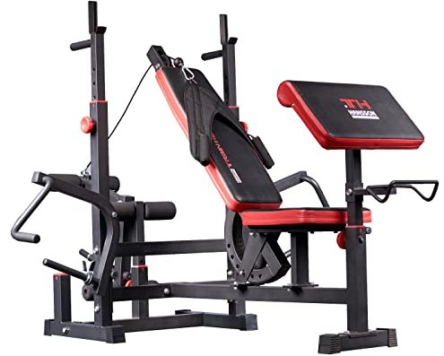 TrainHard Kraftstation Fitnesscenter Hantelbank mit vielseitigen Trainingsmöglichkeiten schwarz/rot
