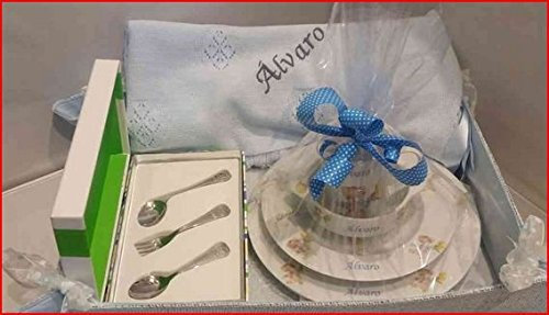 CANASTILLA NACIMIENTO PERSONALIZADA CON VAJILLA PORCELANA, CUBIERTOS Y TOQUILLA