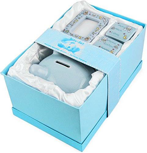 BRUBAKER - Coffret cadeau Bébé/Naissance - 4 Pièces - Ma première tirelire, Boîte à dents de lait, Boîte à mèche de cheveux & Cadre photo - Bleu/Garçon - Allemand