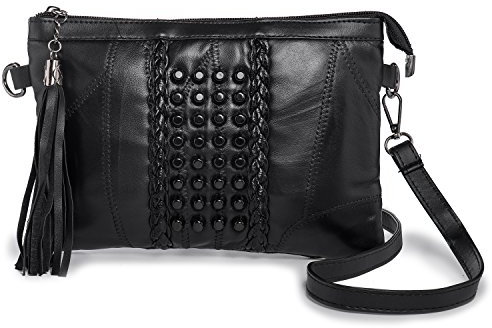 Kleine Umhängetasche Handtasche für Damen Quaste Nieten Clutch Abendtasche Weich Leder Schwarz