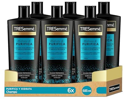 TRESemmé Champú Hidrata & Purifica para pelo graso con Ácido Hialurónico y Arcilla Blanca, limpia e hidrata - Pack de 6 x 685ml