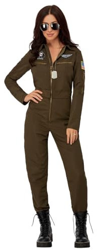 Smiffys Top Gun Maverick Aviator Damenkostüm, grün, mit Overall und veränderbaren Namensschildern