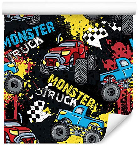 Muralo Tapete 10m Rolle Vlies Tapete Stadt Autos Monster Truck Rennen Sport Vliestapete 1000 x 53cm Wand Tapete Wohnzimmer Kinderzimmer Moderne Wanddeko Wand Dekoration