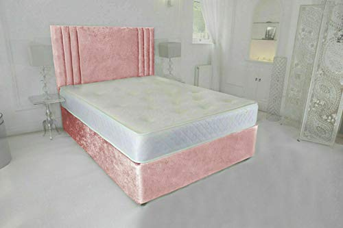 Luxurious Nights Baby Pink Crushed Velvet Divan Bed Set with Memory Foam Mattress and Lined Headboard (4FT6 Double)