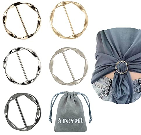 5PCS Silk Scarf Ring Clip T-shirt Tie Clips for Women Fashion Metal Round Circle Clip Buckle Clothing Ring Wrap Holder with 1 Storage Bag