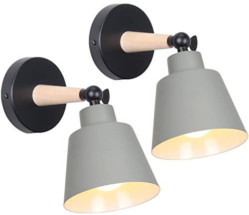 TOKIUS 2 Stücke Wandleuchten, Moderne Wandlampe aus Metall und Holz Deko E27 Fassung Verstellbarer Wandbeleuchtung Innen Wandlampe für Schlafzimmer Wohnzimmer Korridor (Grau)