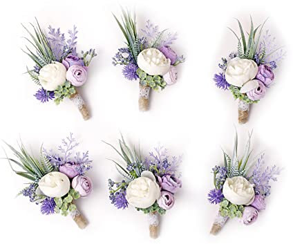 Ansofi Set mit 6 lila Ansteckblumen für Trauzeugen, Bräutigam, Trauzeugen, weiße Knopflöcher für Hochzeit, Party, Abschlussball, Dekoration