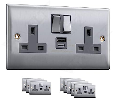 VELTZ Pro Double Plug Wall Socket - 13A 2 Gang, Super Fast Charging with 30W PD/PPS USB-C and 18W QC 4.0 USB-A, Brushed Steel