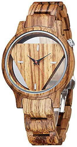 Dreieckige Holzuhr für Herren, kreativ, hohles Zifferblatt, Vintage, natürlich, einzigartig, umgekehrt, geometrisch, Holz-Armbanduhr, Wooden-3, Armband