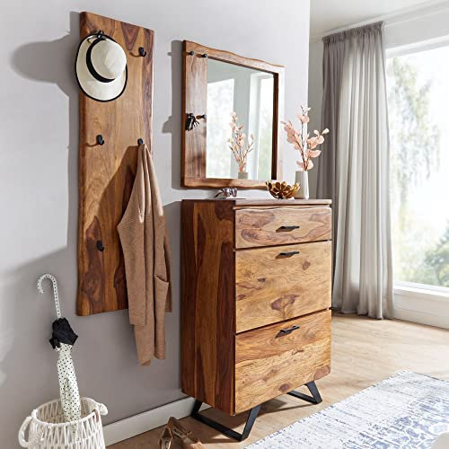 FineBuy Garderoben-Set Sheesham Massivholz Kommode mit Wandgarderobe und Spiegel, Sideboard mit Wandspiegel und Flurgarderobe, Garderobe Komplett Flur Baumkante