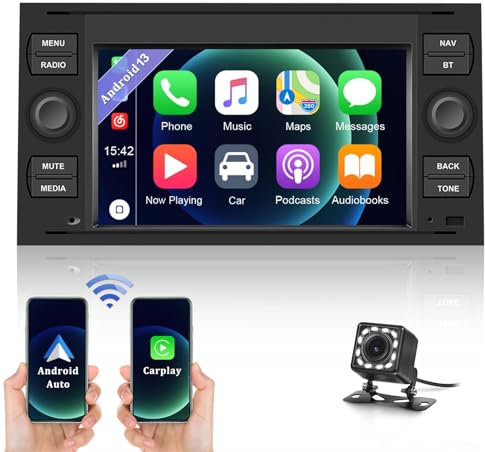 CAMECHO Android 13.0 Car Stereo with Apple Carplay Android Auto for Ford Fiesta Focus Kuga Transit Connect Mondeo S-Max Car Radio with 7” HD Touchscreen, GPS Sat Nav, WiFi, Bluetooth, FM, Rear Camera