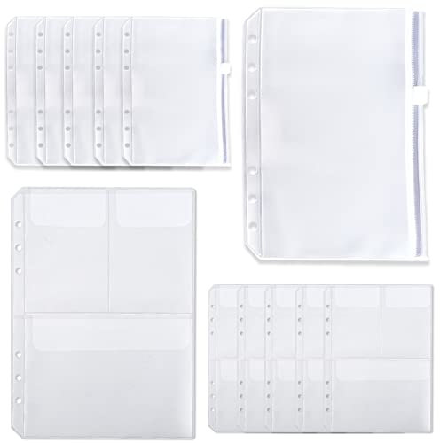 12 Stück A5-Größe Bindertaschen, Reißverschluss-Bindertasche, transparente 6-Loch-Ordner, Tasche mit Deckel, zwei Arten, wasserdichte PVC-Reißverschluss, lose Blättertaschen für Zuhause, Büro