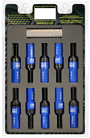 OMP Speed Juego de 20 Tornillos Acero con Protector de Aluminio de Colores M14X1.5 Llave de 17-19 Largo 28mm con Protector Azul de Aluminio 7075 + DIN 12.9