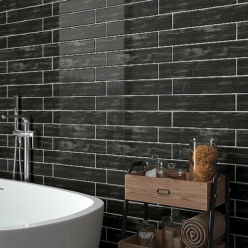 Livelynine 16 Stück Klebefliesen Küche Abwaschbar Fliesenaufkleber Badezimmer Schwarz 30.5x30.5CM Pvc Fliesen Selbstklebend Wand Holzoptik Schwarz Wandfliesen Selbstklebend Holzoptik Fliesenfolie Bad